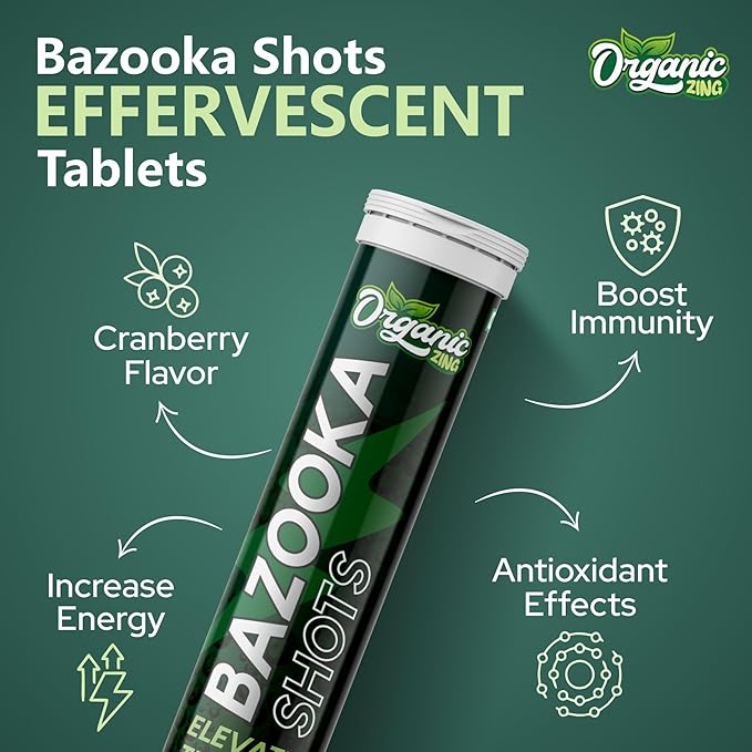 Bazooka Energy Effervescent Tablets - Energy Boost, Pre-Workout, No Crash, & Boost Immunity with Cordyceps Extract - Lemon Flavor, 15 Tablets