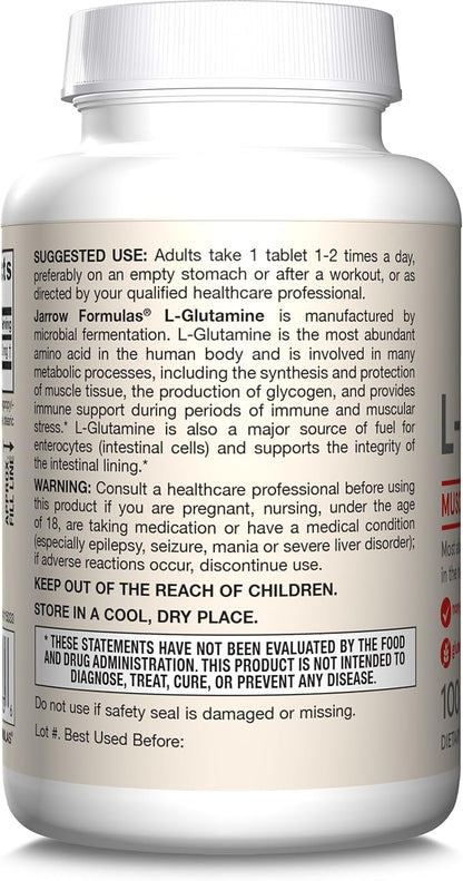 Jarrow Formulas L-Glutamine 1000 mg, Dietary Supplement for Muscle Tissue, Multifunctional Amino Acid, Immune Support , 100 Easy-Solv Tablets, 50-100 Day Supply