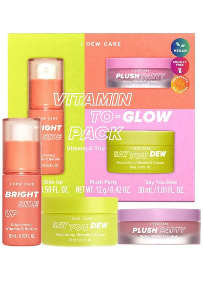 I Dew Care Skin Care Set - Kitten My Balance On + Skincare Set - Vitamin To Glow Pack | Illuminating Vitamin C Trio with Niacinamide, Travel Size, Cream, Lip Mask, Serum Bundle