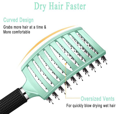 KTKUDY Detangling Brush Boar Bristles Hair Brush Make Hair Shiny & Healthier Curved and Vented Detangler Brush for Women Men Kids Wet and Dry Hair (Turquoise)