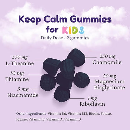 Dr. Klein's Keep Calm Kids Gummies L-Theanine & Chamomile Extract - Supports Focus, Attention, & Alertness of Kids Ages 5+ - Calming Chews Vitamins & Minerals for Kids - Black Currant Sugar-Free 30ct