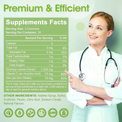2000mg Natural Soursop Graviola Gummies Supplement, Original Soursop Leaves Extract with Vitamins C & Zinc for Women & Men, Multivitamin Soursop Fruit Supplement for Immunity & Antioxidant & Energy