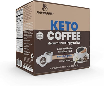 Rapidfire French Vanilla Ketogenic High Performance Keto Coffee Pods, Supports Energy & Metabolism, Weight Management, Single Serve K Cup, Brown, 16 Count