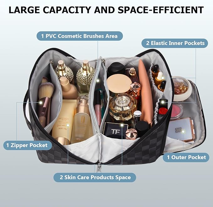 Travel Makeup Bag, Large Capacity Cosmetic Bags for Women, Waterproof Lining and PU Leather Portable Pouch, Open Flat Toiletry Bag, Make up Organizer with Divider & Handle (Black)
