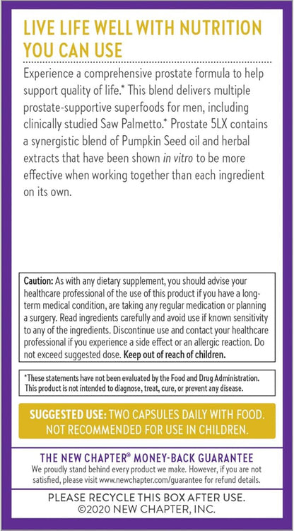 New Chapter Prostate Supplement - Prostate 5LX™ with Clinical Strength Saw Palmetto + Fermented Selenium for Prostate Health - 60 ct Vegetarian Capsule