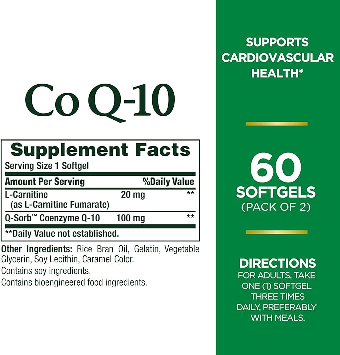 CoQ10 by Nature's Bounty, Dietary Supplement, Supports Heart Health, 100mg Plus L-Carnitine, Twin Pack, 120 Softgels