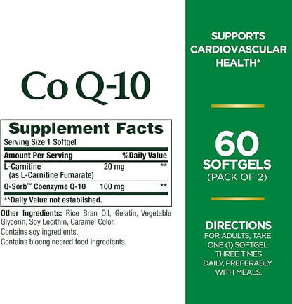 CoQ10 by Nature's Bounty, Dietary Supplement, Supports Heart Health, 100mg Plus L-Carnitine, Twin Pack, 120 Softgels