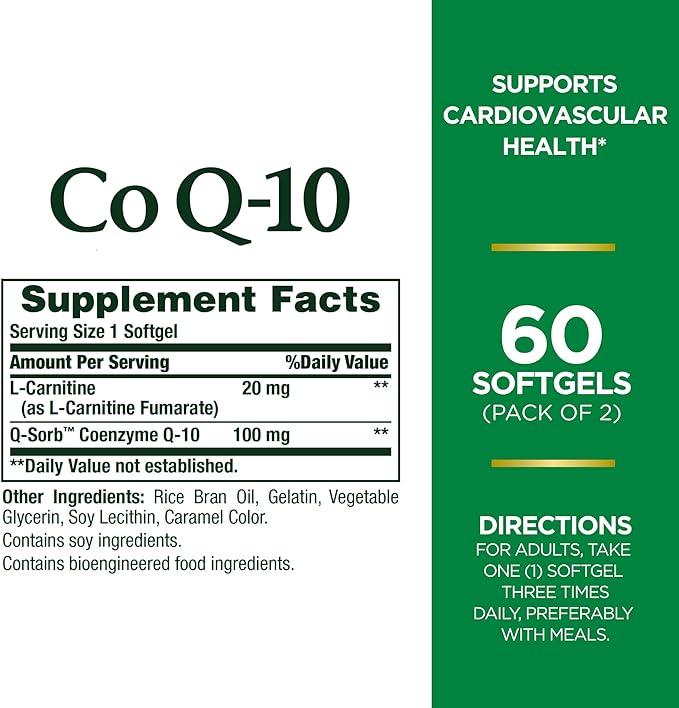 CoQ10 by Nature's Bounty, Dietary Supplement, Supports Heart Health, 100mg Plus L-Carnitine, Twin Pack, 120 Softgels