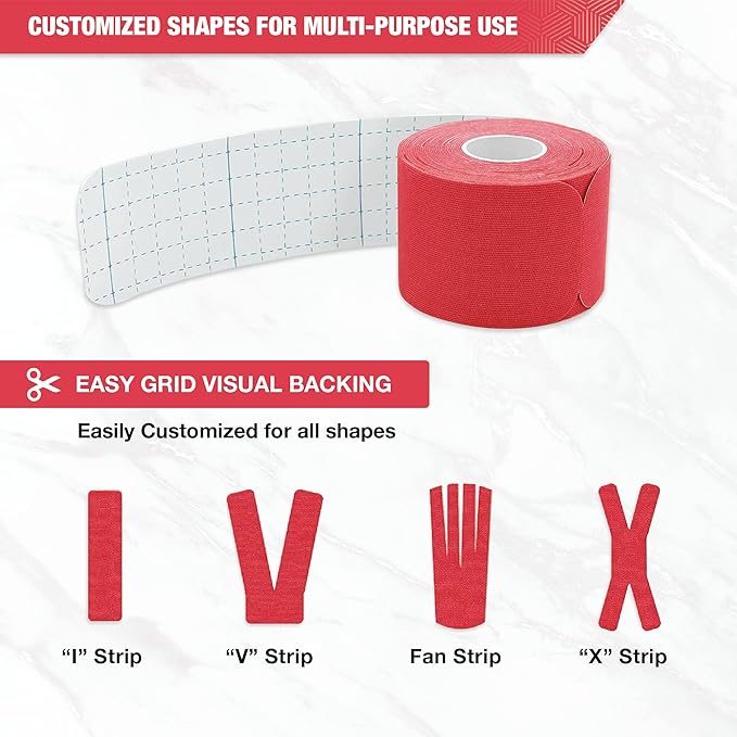 EVERLIT [Single] Pre-Cut Elastic Cotton Kinesiology Therapeutic Athletic Sports Tape, For Pain Relief And Support, 20 Precut 10” Strips (Red)
