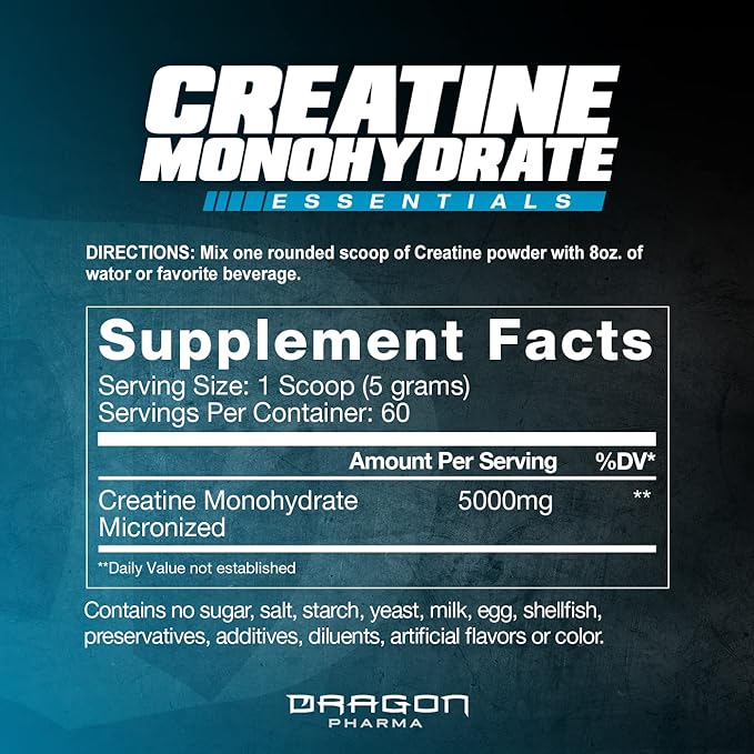 DRAGON PHARMA Creatine Monohydrate, Aid Muscle Recovery, Post-Workout Supplement, Antioxidant Support (60 Servings, Unflavored)