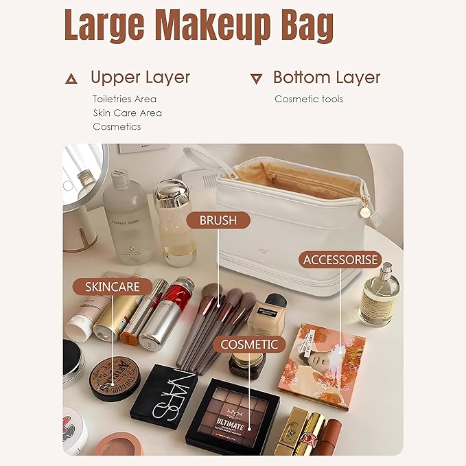 NGIL Faux Leather Cosmetic Bag for Women, Makeup Bag Organizer, Makeup Brush Storage, Portable Travel Bag for Toiletries (Solid, Beige, Medium)