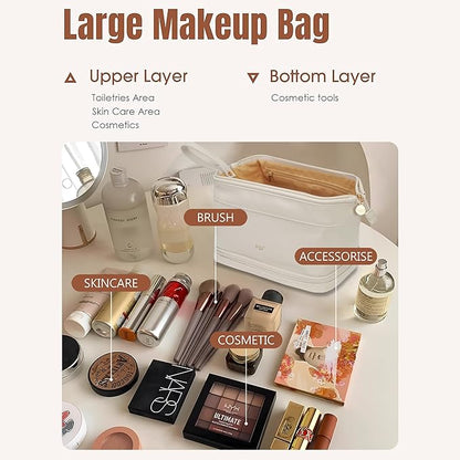NGIL Faux Leather Cosmetic Bag for Women, Makeup Bag Organizer, Makeup Brush Storage, Portable Travel Bag for Toiletries (Solid, Beige, Medium)