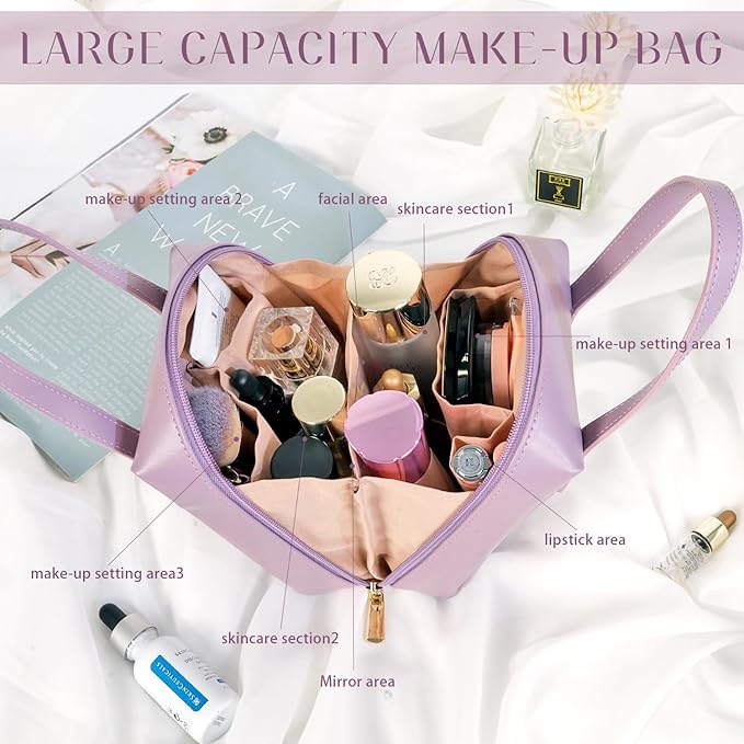 Makeup Bag, Cosmetic Bag Travel, Large Capacity Portable Make up Traveling Organizer Bag, PU Leather Cosmetic Bag with Zippers Handle Compartments, Travel Toiletry Bag for Women Teens Girls