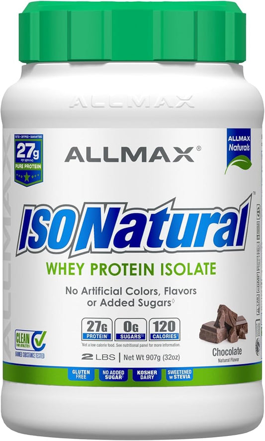 ALLMAX ISONATURAL Whey Protein Isolate, Chocolate - 2 lb - 27 Grams of Protein Per Scoop - Zero Fat & Sugar - 99% Lactose Free - with Prebiotics - No Artificial Flavors - Approx. 29 Servings