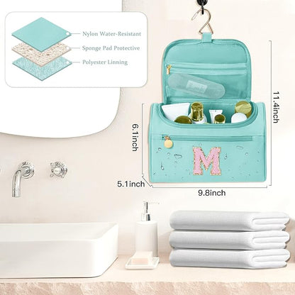 COSHAYSOO Travel Gifts for Women Travelers Trip Unique Initial Hanging Toiletry Bags, Personalized Gifts for Female Friend Friendship Wife Girlfriend Anniversary Bestie Birthday Party Favor Teal M