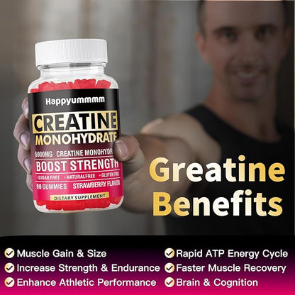 Creatine Monohydrate Gummies 5000mg for Men & Women, Chewables Creatine Monohydrate for Muscle Strength, Muscle Builder, Energy Boost, Pre-Workout Supplement(90 Count)-Strawberry.