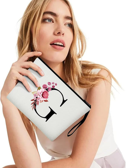 Vavabox A-Z Personalized Makeup Bag, Birthday Gifts for Women Mom, Gifts for Best Friend, Bride Bridesmaid Cosmetic bag (G, White)