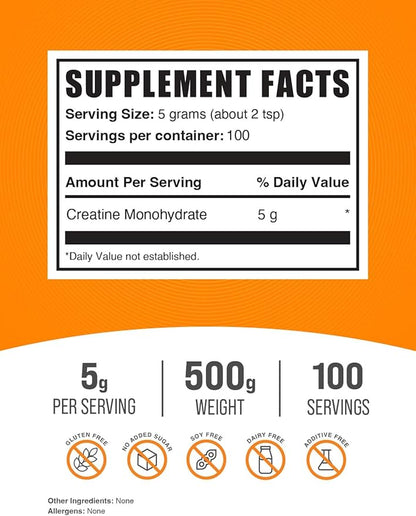 BulkSupplements Creatine Monohydrate Powder - Micronized Creatine Powder, Unflavored - Pure & Gluten Free, 5g  per Servings, 500g