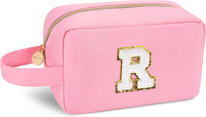 Aveniee Travel Makeup Bag for Women,Initial Monogram Cosmetic Bag Toiletry Pouch,Christmas Birthday Gifts for Teen Girls Best Friend or Sister Teacher-Pink R