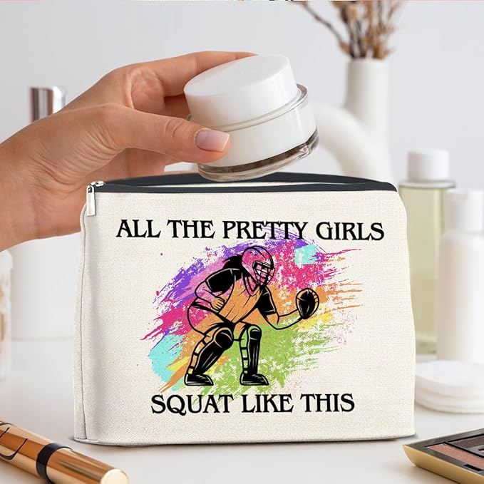Softball Catcher Makeup Bag - Gifts for Girls and Women - All the Pretty Girls Squat Like This - Cosmetic Zipper Pouch