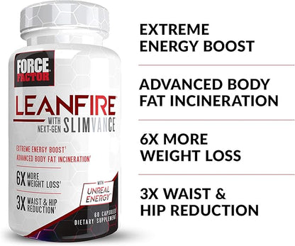 FORCE FACTOR LeanFire with Next-Gen SLIMVANCE Advanced Thermogenic Fat Burner for Weight Loss with B Vitamins and Capsimax to Boost Metabolism, Increase Energy, and Enhance Focus, 60 Capsules