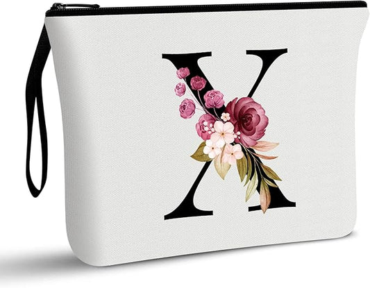 Vavabox A-Z Personalized Makeup Bag, Birthday Gifts for Women Mom, Gifts for Best Friend, Bride Bridesmaid Cosmetic bag (X, White)