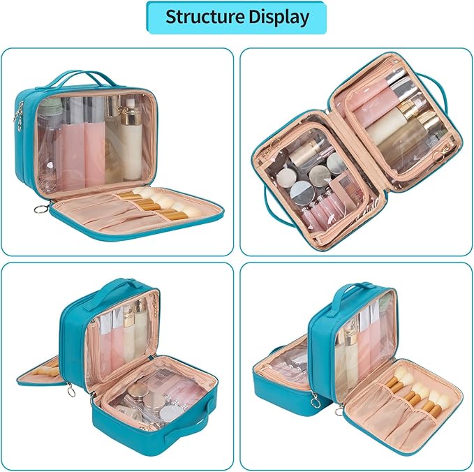 OCHEAL Makeup Bag, Double Layer Cosmetic Bag, Large Capacity New Look Clear Cosmetic Case for Women Travel Beauty Essentials, Multiple Compartments Makeup Case Organizer Zipper Pouch -Blue
