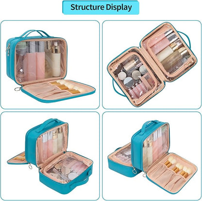 OCHEAL Makeup Bag, Double Layer Cosmetic Bag, Large Capacity New Look Clear Cosmetic Case for Women Travel Beauty Essentials, Multiple Compartments Makeup Case Organizer Zipper Pouch -Blue