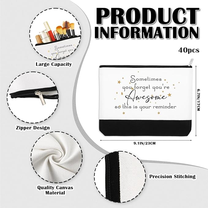Sanwuta 80 Pcs Inspirational Canvas Makeup Bags Keychains Set Graduation Gifts Teacher Appreciation Gifts Bulk for Employees Women (Awesome Sign)