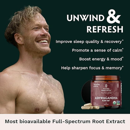 TRIBE ORGANICS Ashwagandha KSM 66 Pure Organic Root Powder Extract Ayurvedic Supplement - Focus Mood Support Increase Energy Strength 600mg of Natural KSM66 for Superior Absorption - 90 Capsules
