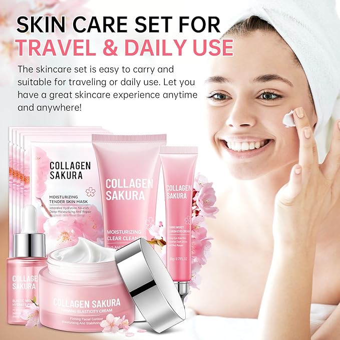 Sakura Skin Care Set for Teen Girls, 10-In-1 Travel Skin Care Kits with Collagen, Hydrates & Soothes, Cherry Blossom Skincare Gift Set for Teens & Women, Moisturize & Repair Skin, Daily Skin Care