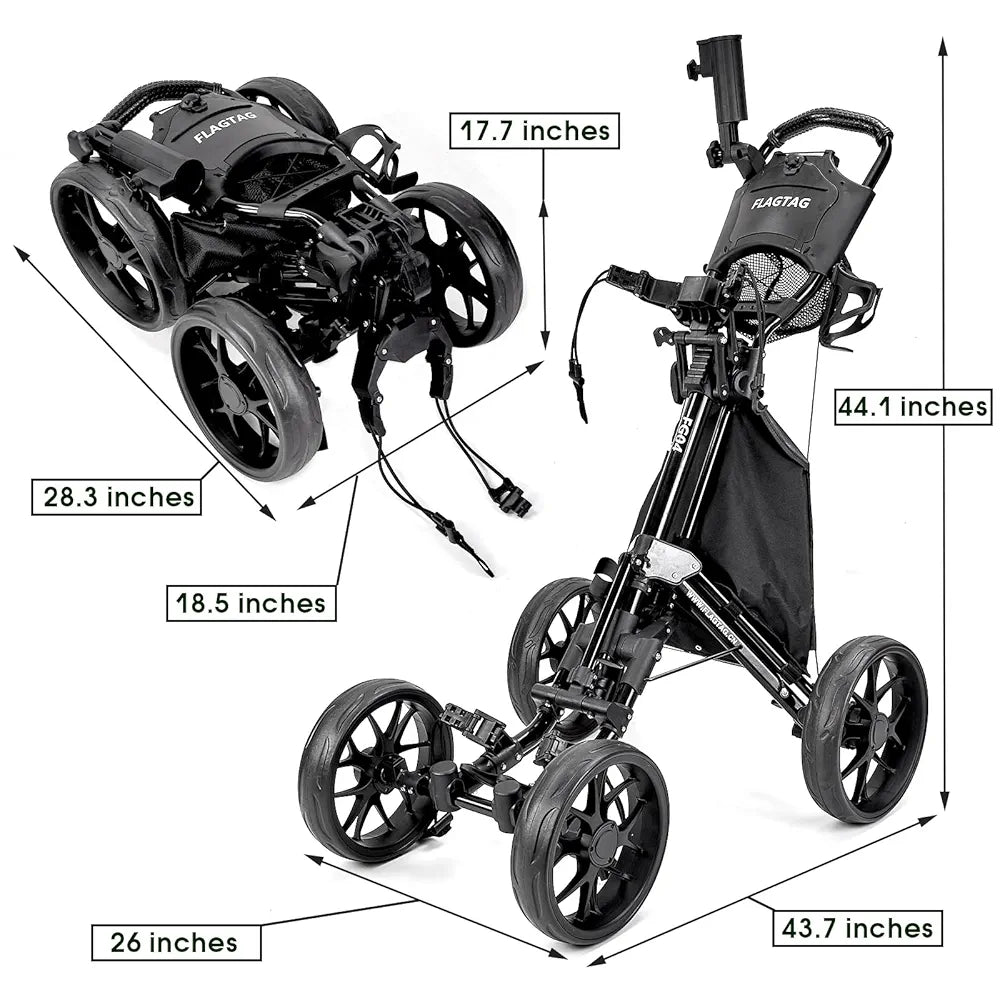 Golf Push Cart 4-Wheels,Folding Golf Cart, Golf Pull cart with Cup Holder,Umbrella Holder,Cooler Bag, Foldable with one-Click,Handle Height Adjustable,Drink Holder,Walking Push cart