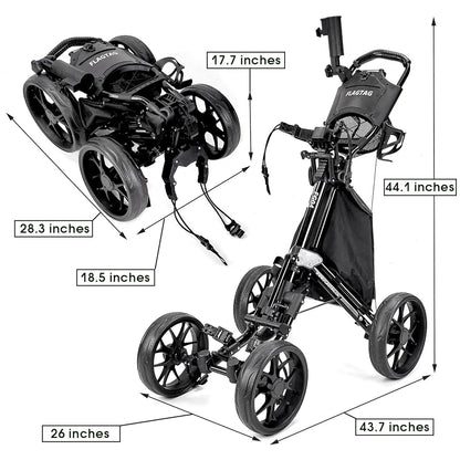 Golf Push Cart 4-Wheels,Folding Golf Cart, Golf Pull cart with Cup Holder,Umbrella Holder,Cooler Bag, Foldable with one-Click,Handle Height Adjustable,Drink Holder,Walking Push cart