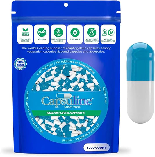 Capsuline Size 00 Empty Vegan Capsules, Blue/White - 5000 Count| Vegetarian, Kosher, Non-GMO & Halal Certified |DIY Vegetable Capsule Filling