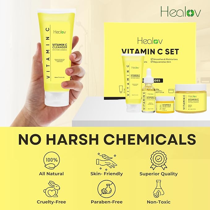Vitamin C Skincare Set – Hydrating Facial Cleanser, Exfoliating Body Scrub, Face Cream & Anti Aging Serum – Vit C Reduces Dullness, Fine Lines, Wrinkles, Dark Circles – Travel Kit for Youthful Skin