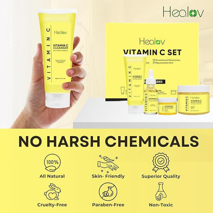 Vitamin C Skincare Set – Hydrating Facial Cleanser, Exfoliating Body Scrub, Face Cream & Anti Aging Serum – Vit C Reduces Dullness, Fine Lines, Wrinkles, Dark Circles – Travel Kit for Youthful Skin