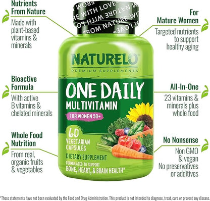 NATURELO One Daily Multivitamin for Women 50+ (Iron Free) - Menopause Support for Women Over 50 - Whole Food Supplement - Non-GMO - No Soy - 60 Capsules - 2 Month Supply