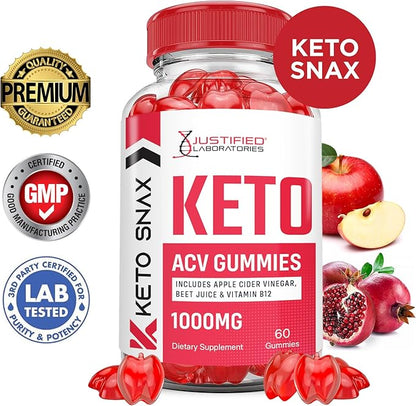 Keto Snax Keto ACV Gummies Advanced Formula 1000MG Keto Snax Keto Gummies Apple Cider Vinegar Formulated with Pomegranate Beet Juice Powder B12 Vegan Non GMO 60 Gummys