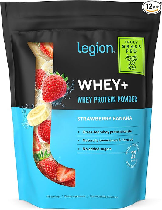 LEGION Whey+ Whey Isolate Protein Powder from Grass Fed Cows - Low Carb, Low Calorie, Non-GMO, Lactose Free, Gluten Free, Sugar Free, All Natural Whey Protein Isolate, 5 Pounds (Strawberry Banana)
