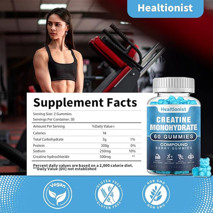 2 Pack Creatine Monohydrate Gummies for Men & Women, Chewable Creatine Monohydrate for Muscle Strength & Growth, Muscle Builder, Energy Boost, Pre-Workout Supplementm, Vegan, 120 Counts
