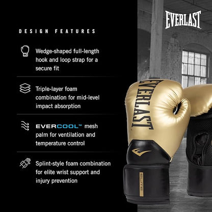 Everlast Elite 2 Boxing Gloves, Pro Training Gloves for Men and Women, Secure Fit Hook and Loop Closure & Ventilation, Heavy Bag & Speedbag Training.