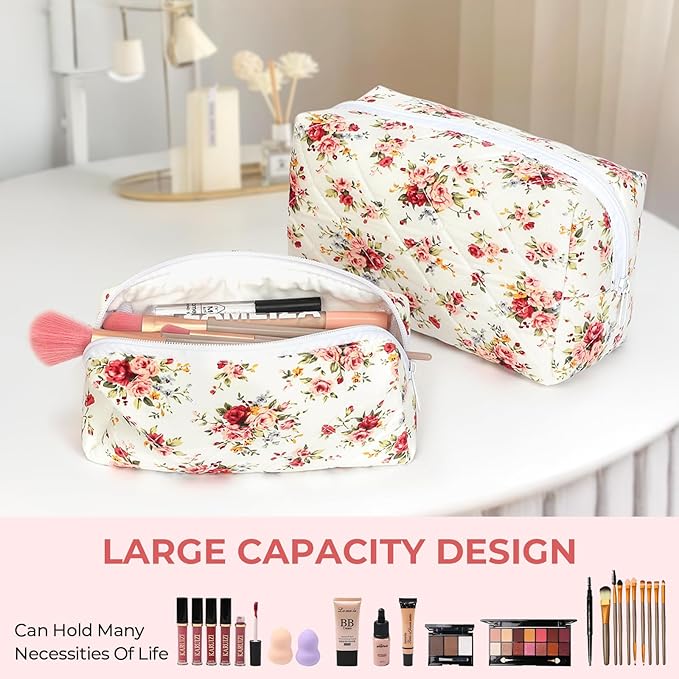 Quilted Makeup Bag Set,Large Floral Cosmetic Pouch For Women,Cute Cotton Brushes Storage Travel Toiletry Organizer Bags(Red Rose)