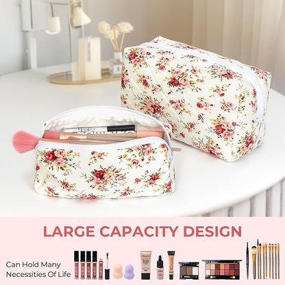Quilted Makeup Bag Set,Large Floral Cosmetic Pouch For Women,Cute Cotton Brushes Storage Travel Toiletry Organizer Bags(Red Rose)