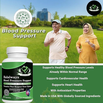 Halalways Blood Pressure Support Certified Halal Supplement Naturally BP Support with Garlic Bulb Powder, Hawthorn Berry, Green Tea Leaf & Hibiscus Vitamins for Healthy Hypertension (BP)