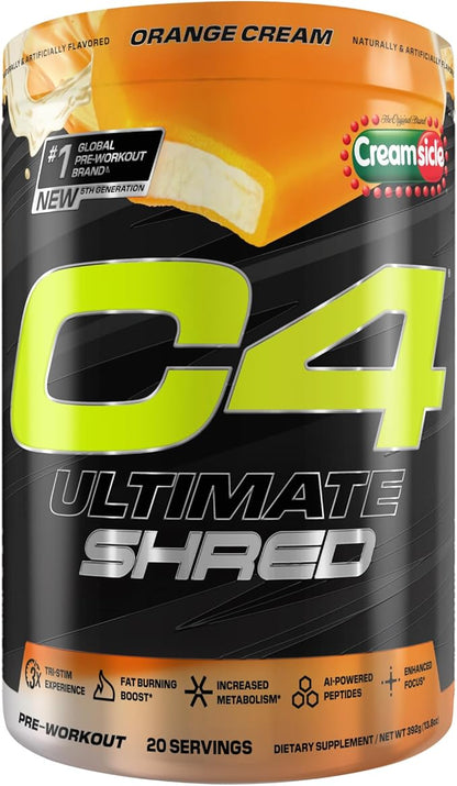 Cellucor C4 Ultimate Shred Pre Workout Powder, Metabolism Supplement with Cayenne Extract+300mg Caffeine+TeaCrine+Dynamine - Orange Creamsicle, 20 Servings