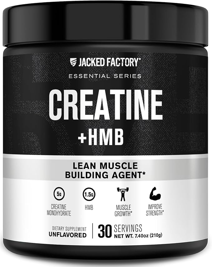 Jacked Factory Creatine Monohydrate + HMB - Creatine HMB Supplement & Lean Muscle Building Agent with Vitamin D - Increase Muscle Growth, Strength, Enhanced Energy - 30 Servings, Unflavoured