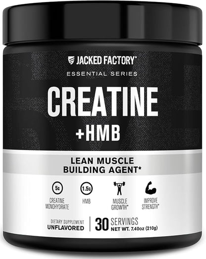 Jacked Factory Creatine Monohydrate + HMB - Creatine HMB Supplement & Lean Muscle Building Agent with Vitamin D - Increase Muscle Growth, Strength, Enhanced Energy - 30 Servings, Unflavoured