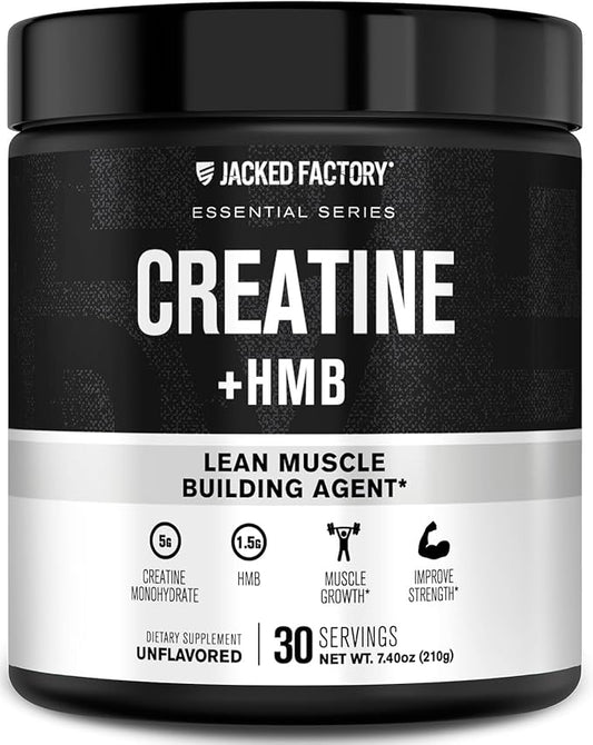 Jacked Factory Creatine Monohydrate + HMB - Creatine HMB Supplement & Lean Muscle Building Agent with Vitamin D - Increase Muscle Growth, Strength, Enhanced Energy - 30 Servings, Unflavoured