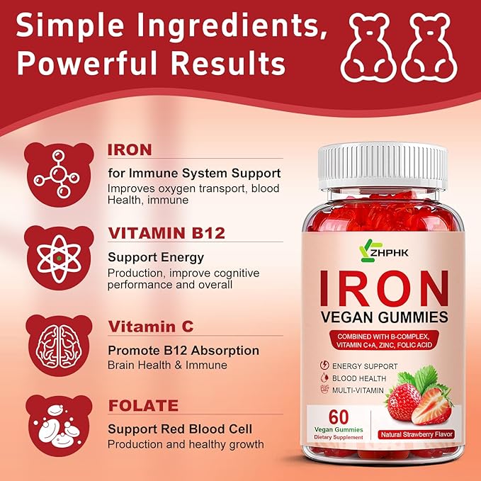 Iron Supplement Gummies, 65mg Iron and 250mg Vitamin C for Women Men Kids, Natural Vegan Iron Gummy with Vitamin A, B-Complex, Biotin, Zinc & Folate -Blood Builder & Energy Support, 60 Gummies