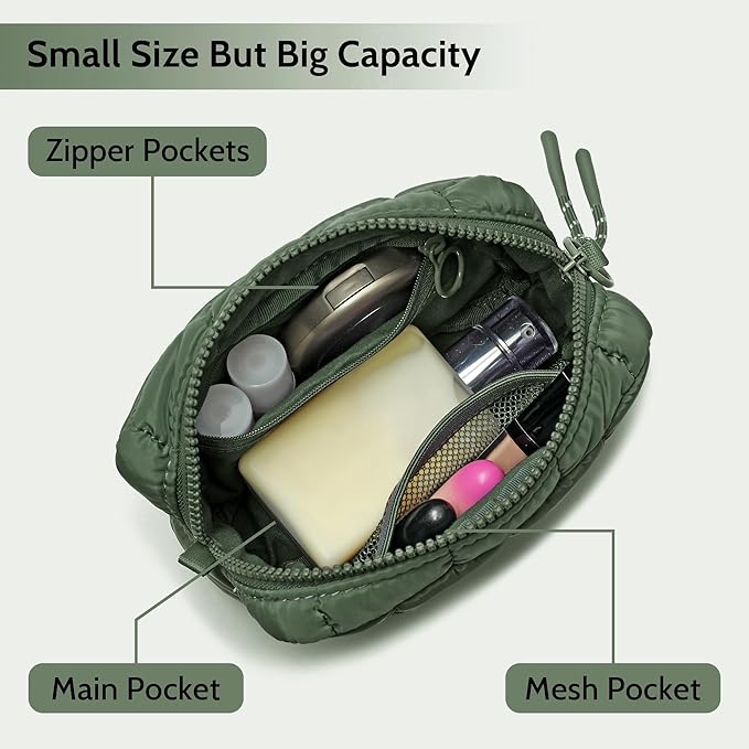 Quilted Cosmetic Bag, Puffer Makeup Bags, Crossbody Purses for women,Cute Travel Toiletry Bag for Women (Green)